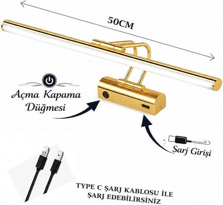 Sarjlı LED Flüt Resim Aplik | 8W | 3200K Gün Işığı | 50cm | Duvar Tipi Ayna/Tablo Üstü Dekoratif Işık | IP20 İç Mekan Kullanım (Gold Kasa)