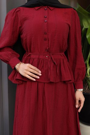 Tatula Bordo Balon Kol Peplum Bluz Etek Takımı Begonya Kumaş S Beden Astarlı