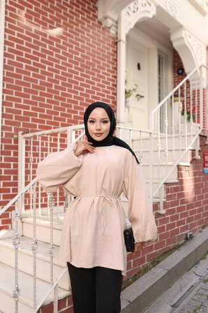 Tatula Belden Bağlamalı Balon Kol Modal Tunik Krem Standart Beden