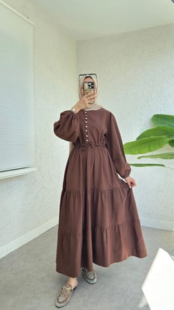 Tatula Balon Kol Düğme Detaylı %100 Pamuk Relaxed Günlük Elbise Kahverengi