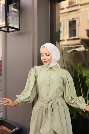 Tatula Balon Kollu Pamuklu Poplin Tunik Mint Yeşili