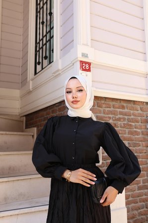 Tatula Balon Kollu Poplin Tesettür Gömlek Siyah Renk Gömlek Yaka M Beden