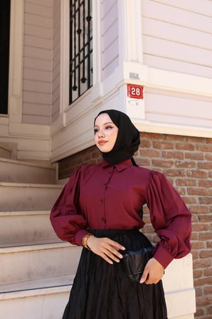 Tatula Balon Kollu Pamuklu Poplin Bordo Kadın Tunik