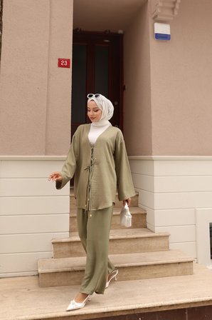 Tatula Bağlamalı Keten Kadın İkili Takım Yeşil S/M