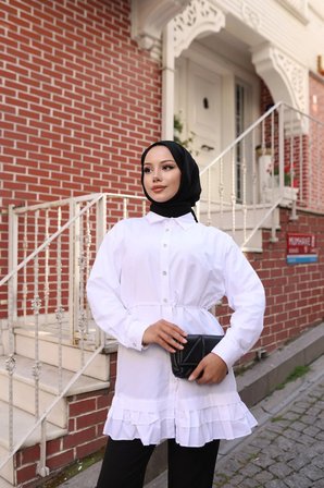 Tatula Beyaz Pamuklu Poplin Gömlek Yaka Belden Bağlamalı Tunik L-XL
