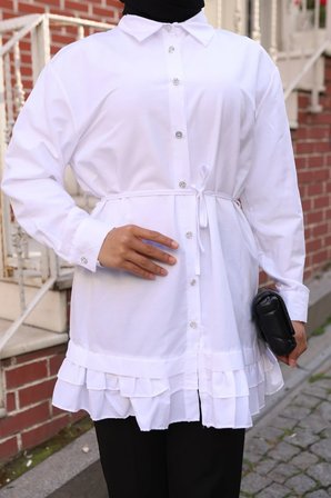 Tatula Beyaz Pamuklu Poplin Gömlek Yaka Belden Bağlamalı Tunik L-XL