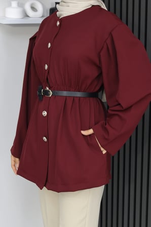 Tatula Kemerli Düğmeli Bisiklet Yaka Bordo Double Krep Ceket L-XL