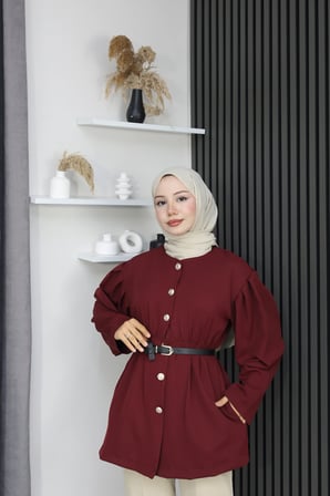 Tatula Kemerli Düğmeli Bisiklet Yaka Bordo Double Krep Ceket L-XL