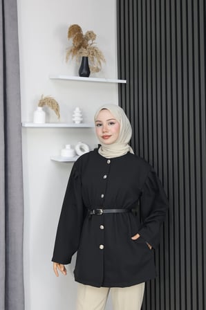 Tatula Siyah Kemerli Düğmeli Double Krep Kadın Ceket L-XL