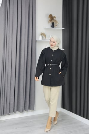 Tatula Siyah Kemerli Düğmeli Double Krep Kadın Ceket L-XL