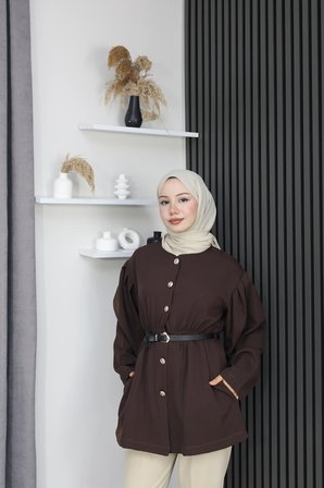 Tatula Beli Lastikli Kemerli Düğmeli Double Krep Kadın Ceket Kahverengi