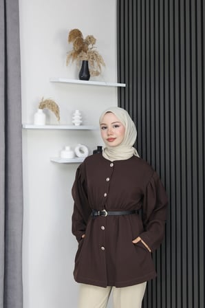 Tatula Kemerli Düğmeli Double Krep Ceket Bisiklet Yaka Kahverengi
