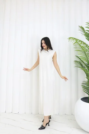 Tatula Bisiklet Yaka Kolsuz Günlük Elbise Ekru Pamuklu Penye 135 Cm Boy