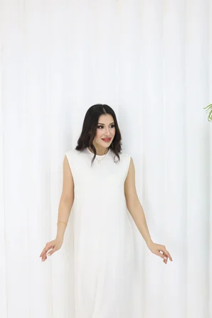 Tatula Bisiklet Yaka Kolsuz Günlük Elbise Ekru Pamuklu Penye 135 Cm Boy