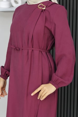 Tatula Bordo Tencel Günlük Elbise Bisiklet Yaka Bilekten Lastikli 135 cm XL