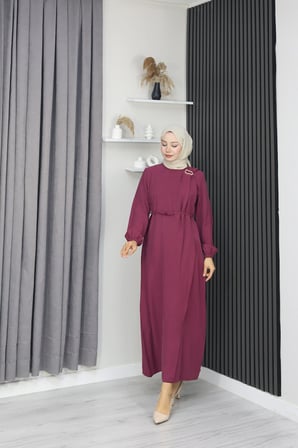 Tatula Bordo Tencel Günlük Elbise Bisiklet Yaka Bilekten Lastikli 135 cm XL