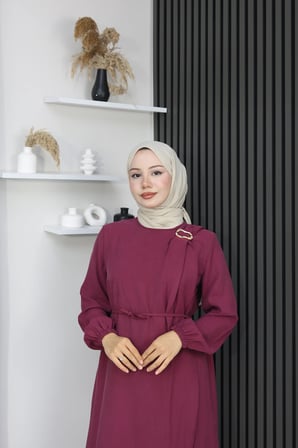 Tatula Bordo Tencel Günlük Elbise Bisiklet Yaka Bilekten Lastikli 135 cm XL