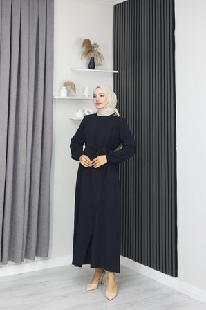 Tatula Siyah Tencel Bisiklet Yaka Broş ve Kuşak Detaylı Uzun Elbise 135 cm