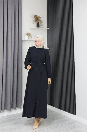 Tatula Siyah Tencel Bisiklet Yaka Broş ve Kuşak Detaylı Uzun Elbise 135 cm