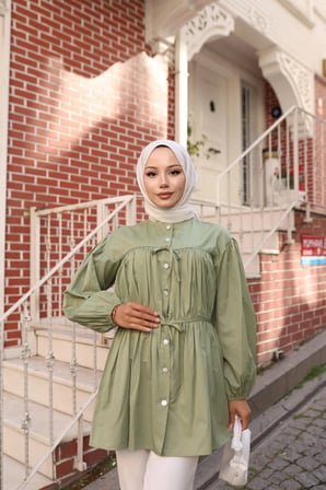 Tatula Büzgülü ve Bağlamalı Pamuklu Poplin Tunik Mint Yeşili