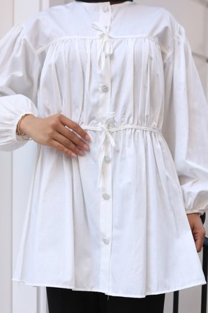Tatula Pamuklu Poplin Tunik Büzgülü Bağlamalı Relaxed Kesim Beyaz Standart Beden