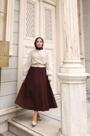 Tatula Mevlana Etek Kahverengi Cepli Lastikli Bel 90 cm Pamuklu
