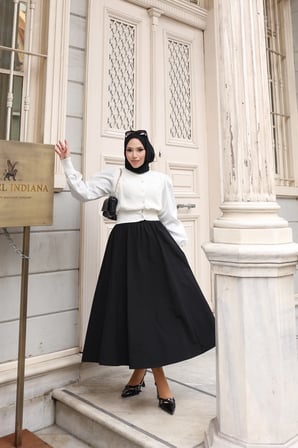 Tatula Siyah Mevlana Etek Cep Detaylı Lastikli Bel Pamuk Karışımlı 90 cm