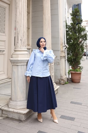 Tatula Mevlana Etek Lacivert Cep Detaylı Lastikli Geniş Kesim 90 cm