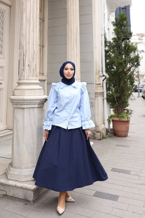 Tatula Mevlana Etek Lacivert Cep Detaylı Lastikli Geniş Kesim 90 cm