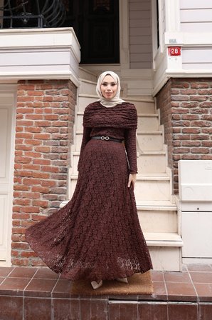 Tatula Kahverengi Dantel Detaylı Pelerinli Bisiklet Yaka Günlük Elbise 140 cm