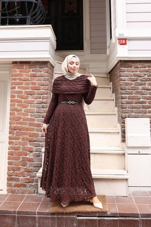 Tatula Kahverengi Dantel Detaylı Pelerinli Bisiklet Yaka Günlük Elbise 140 cm