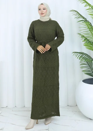 Tatula Kuşaklı Triko Elbise Uzun Örme Kumaş Açık Haki