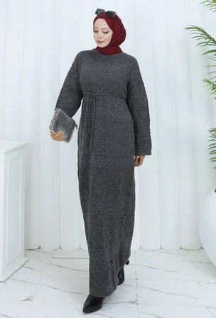 Tatula Triko Elbise Koyu Gri Uzun Bisiklet Yaka Desenli Standart Beden