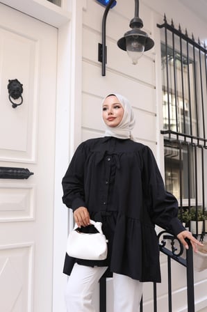 Tatula Fiyonk Detaylı Siyah Pamuklu Poplin Gömlek Yaka Standart Beden Tunik
