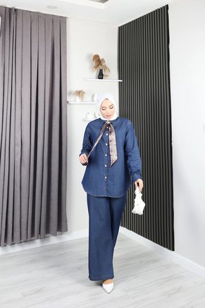 Tatula Fularlı Düğme Detaylı Denim Kadın Alt Üst Takım Lacivert
