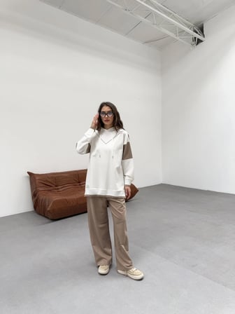 Tatula Kapüşonlu Sweat ve Bol Paça Pantolon Takım Vizon İki İplik