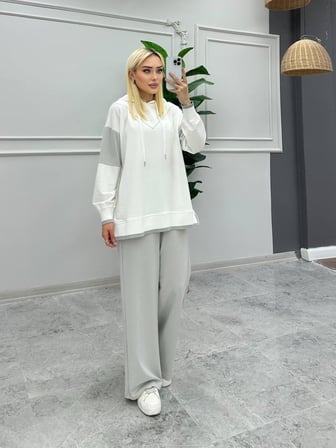 Tatula Kapüşonlu Sweat ve Bol Paça Pantolon Takım Gri Pamuklu