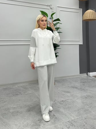 Tatula Kapüşonlu Sweat ve Bol Paça Pantolon Takım Gri Pamuklu