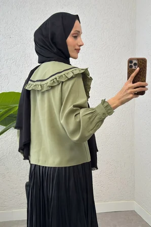 Tatula Geniş Yaka Pamuklu Modal Gömlek Açık Haki Manşetli Kol