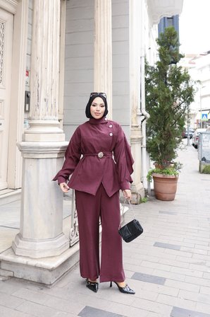 Tatula Dik Yaka Kadın Alt Üst Takım Bordo Pamuk Aerobin İkili Takım