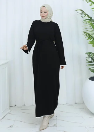 Tatula Yarım Balıkçı Yaka Triko Günlük Elbise Siyah Belden Kuşaklı Volanlı Kol