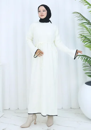 Tatula Triko Elbise Ekru Uzun Kemerli Volanlı Kol Oversize Günlük Elbise