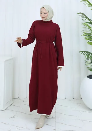 Tatula Bordo Triko Günlük Elbise Yarım Balıkçı Yaka Belden Kuşaklı Maxi Boy Standart Beden