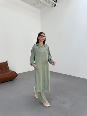 Tatula Kadın Kapüşonlu Alt Üst Takım %100 Pamuklu Relaxed Kalıp Açık Haki