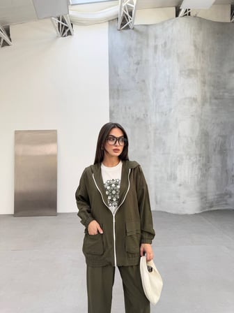 Tatula Kapüşonlu Fermuarlı Üçlü Takım Haki 44 Beden