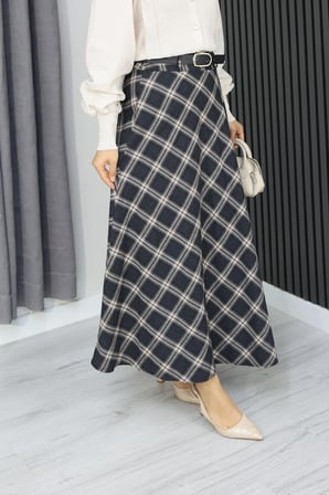 Tatula Kemerli Ekose Etek Astarsız Kaşe Kumaş Siyah 95 cm
