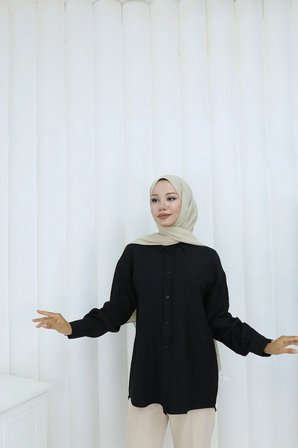 Tatula Pamuklu Keten Siyah Gömlek Tunik Gömlek Yaka Manşetli S Beden