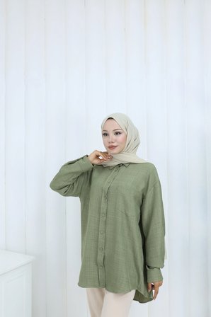 Tatula Pamuklu Keten Tunik Haki Gömlek Yaka Manşetli Normal Kalıp