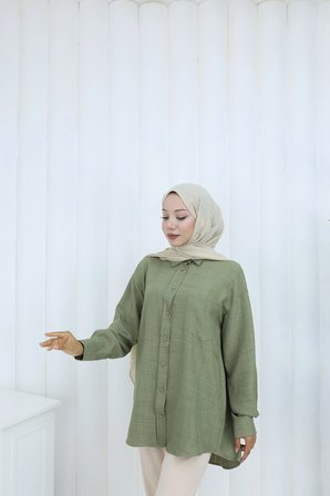 Tatula Pamuklu Keten Tunik Haki Gömlek Yaka Manşetli Normal Kalıp