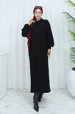 Tatula Oversize Yarasa Kol Triko Elbise Bisiklet Yaka Siyah
